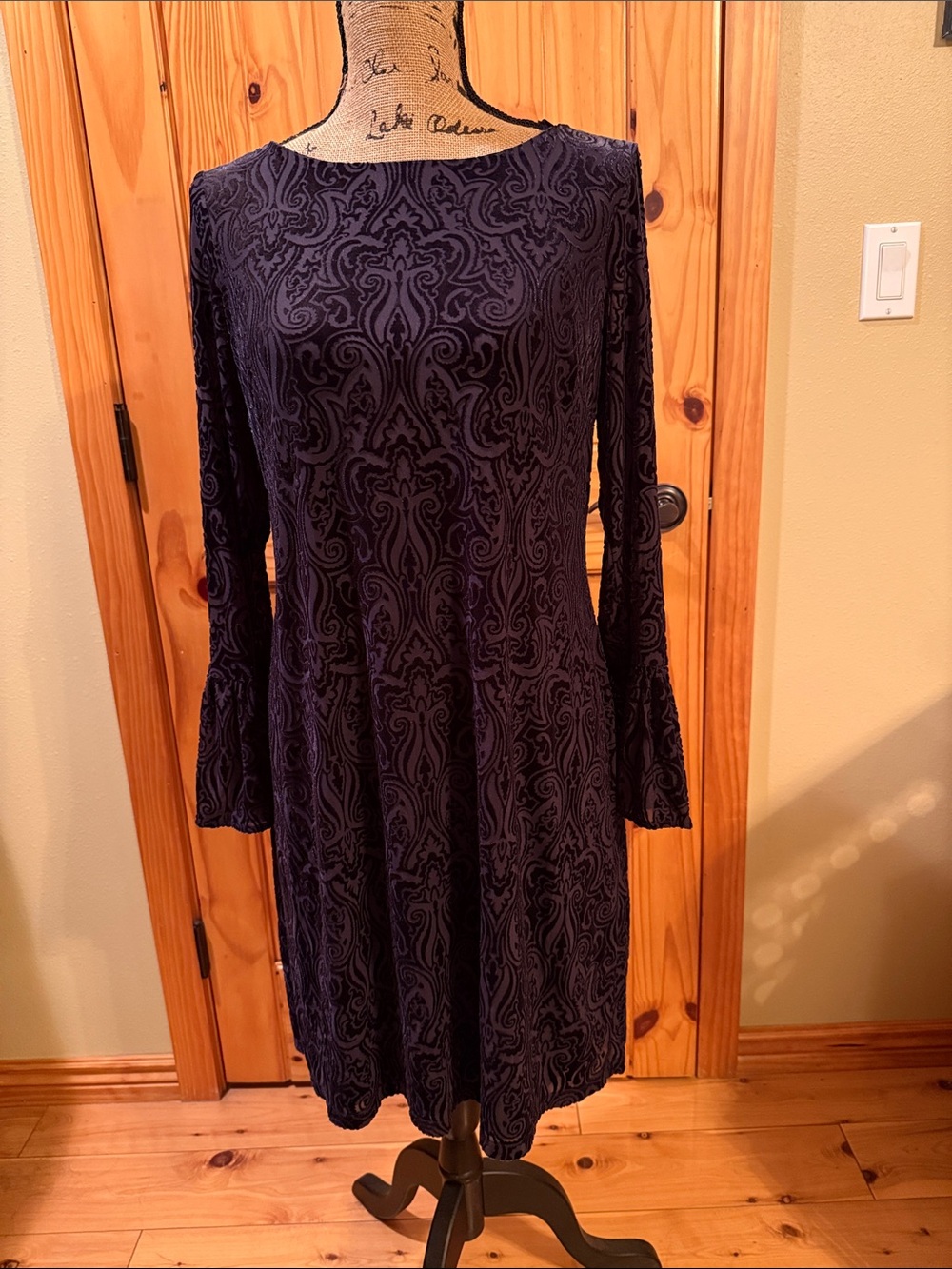 Leslie Fay Long-Sleeve Velvet Burnout Paisley A-Line Dress in Deep Purple Sz 10
